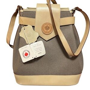 🇨🇦 Vintage 80s Delané Canada Pebbled Leather Preppy Bucket Bag Taupe & Tan NWT